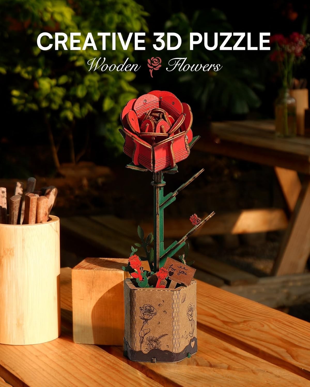 3D Wooden Rose Puzzle DIY Flower Kit Gift for Adults – Home Decor Craft