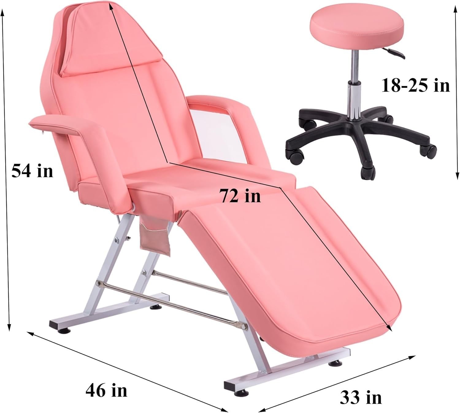 Adjustable 3-Section Beauty Massage Bed w/ Head Cushion & Swivel Stool Pink