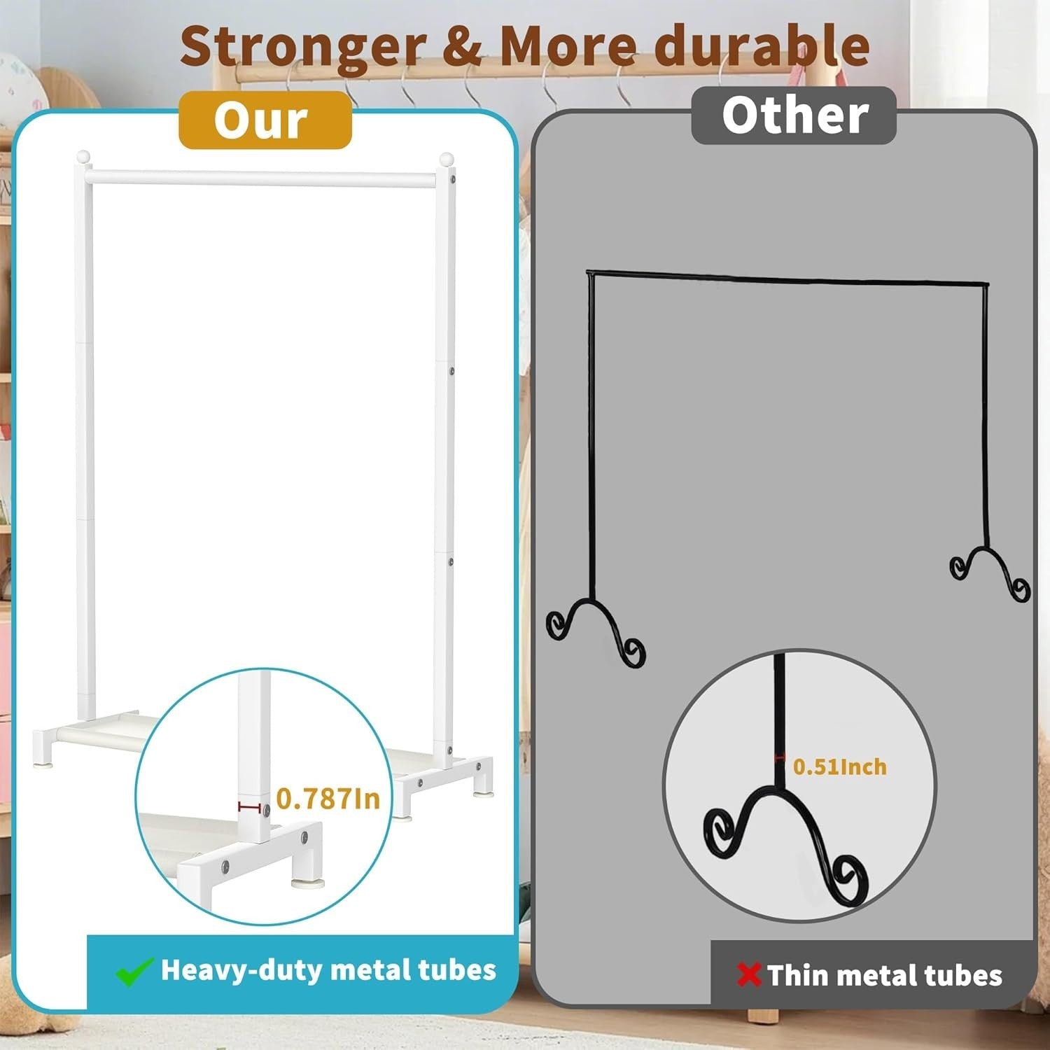 White Kids Clothing Rack with Shelf & Adjustable Feet 117cm
