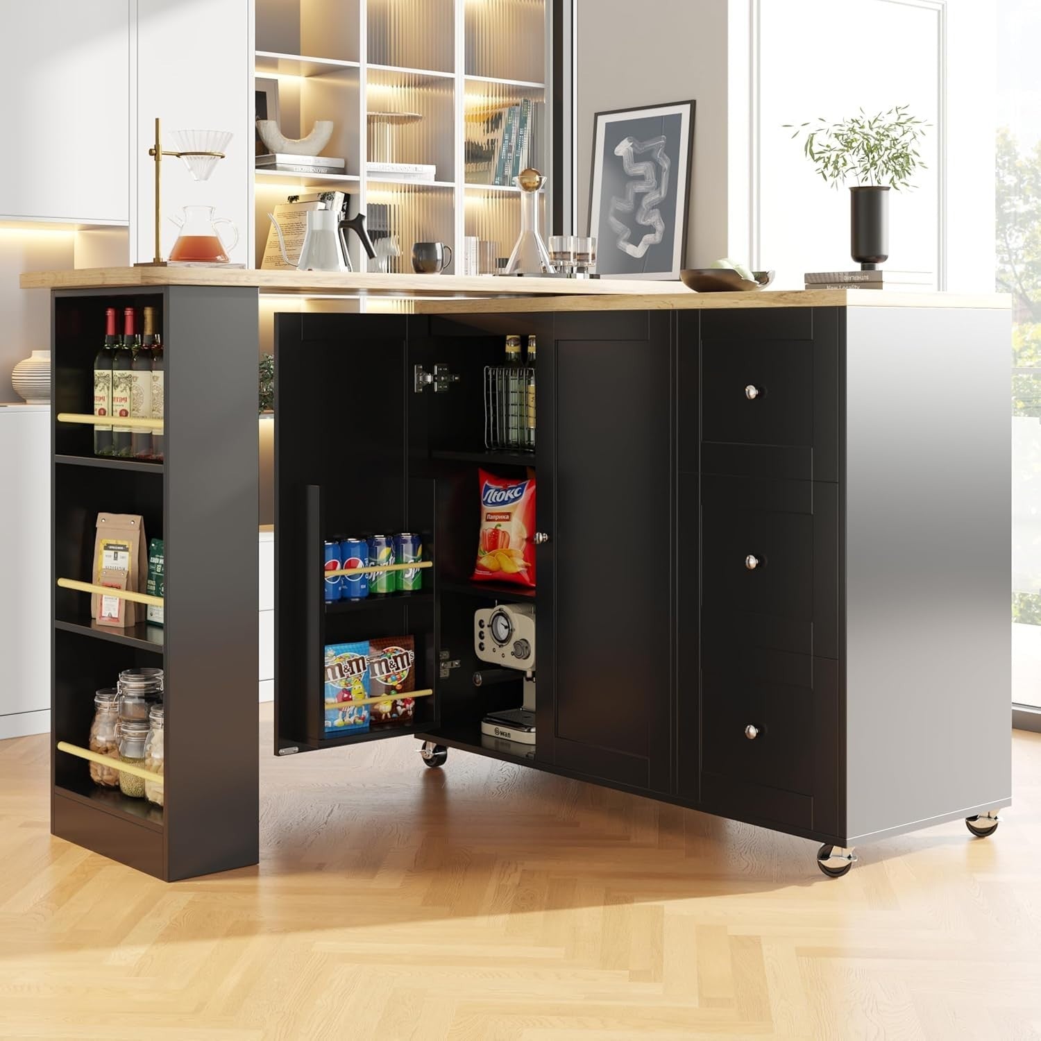 360° Swivelling Extendable Breakfast Bar Table Black with Storage Black