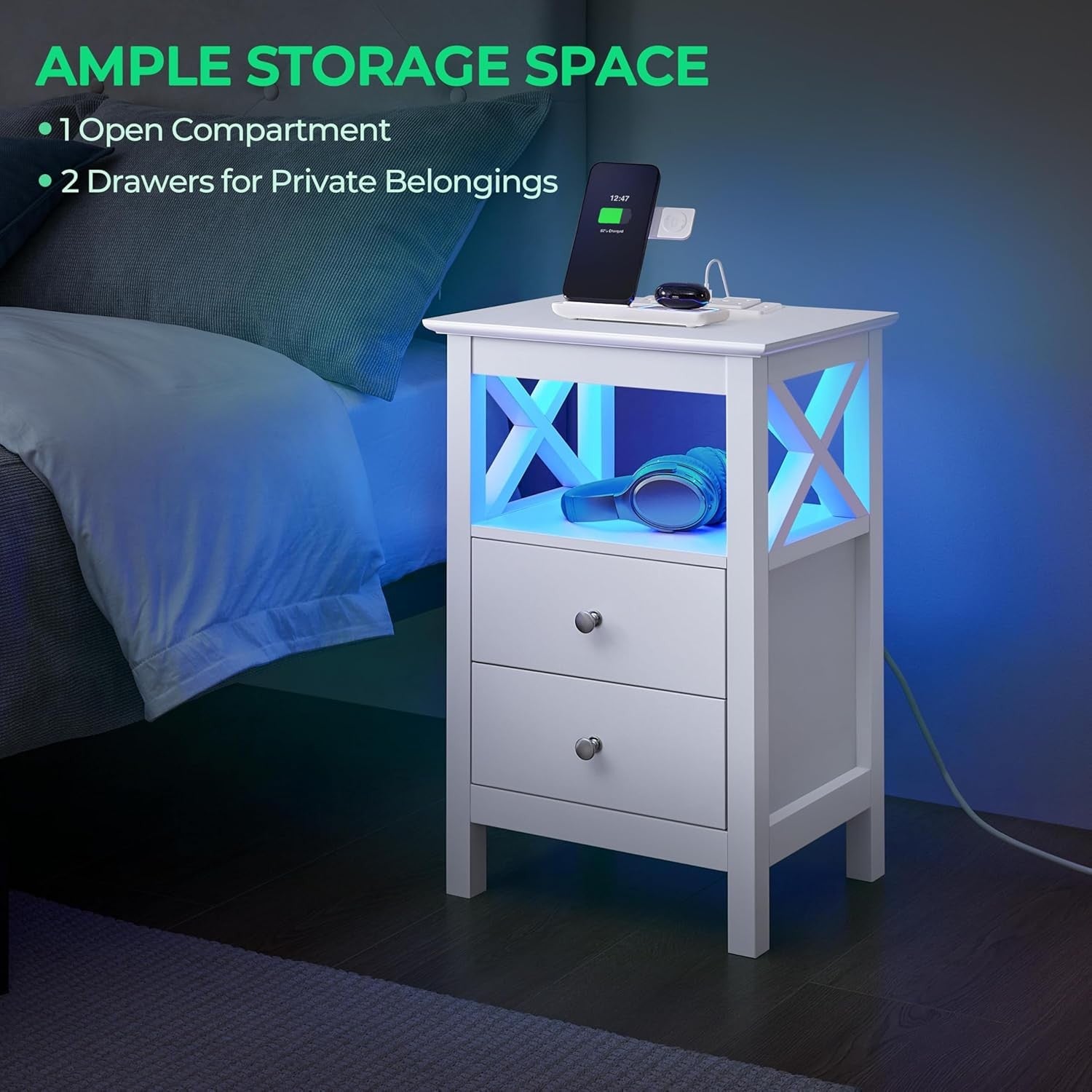 White Bedside Table with LED Lights & Charging Station – 2 Drawers & Shelf 30x40