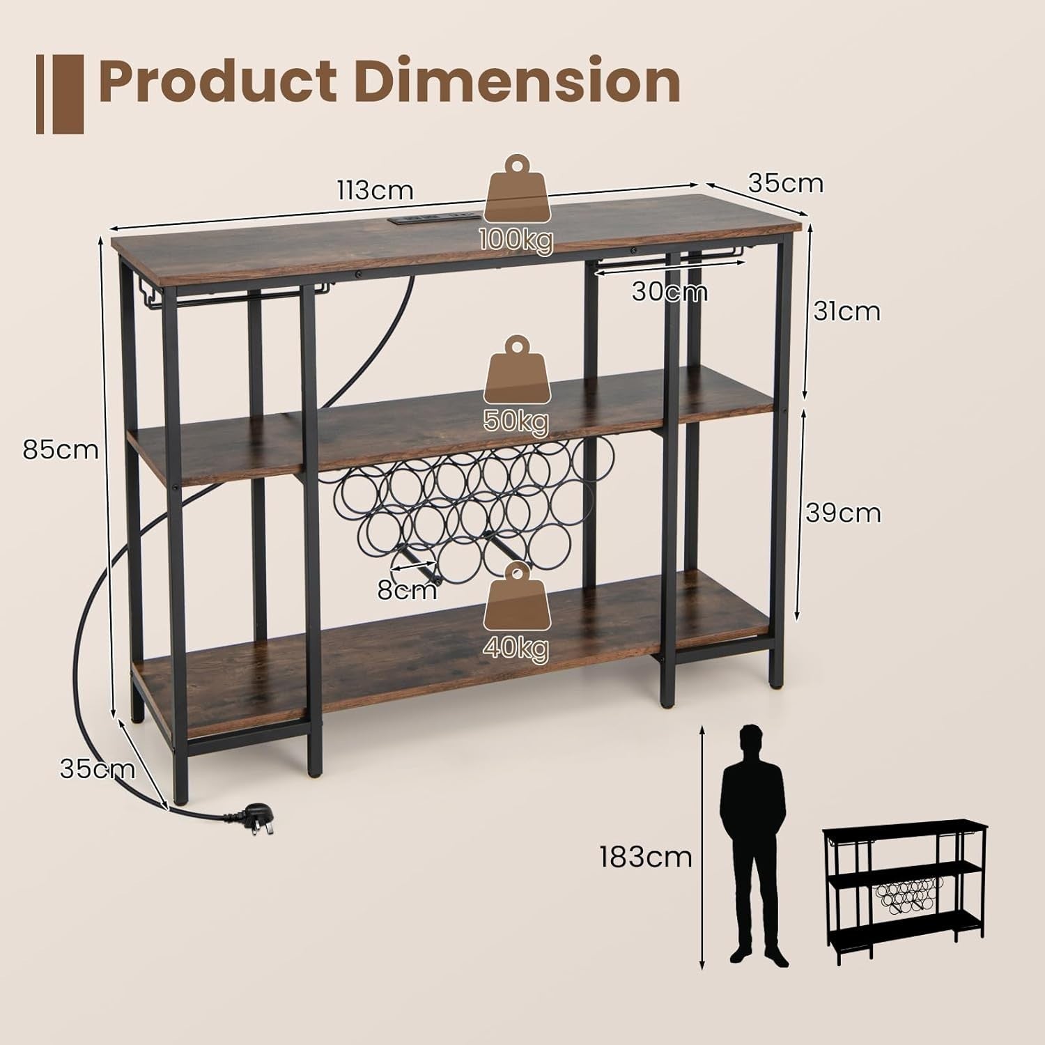 Wine Bar Cabinet with Tabletop, 15 Bottle Rack, Shelves, USB & AC Charging Ports