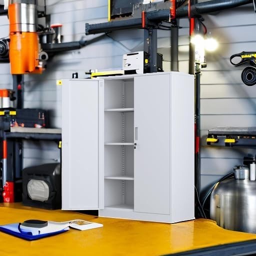 Tall Metal Storage Cabinet Lockable 3 Shelf Office Garage Cupboard