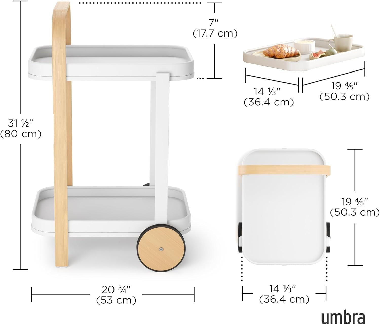 Luxury Bar Cart on Wheels 2 Tier White Serving Trolley Removable Tray
