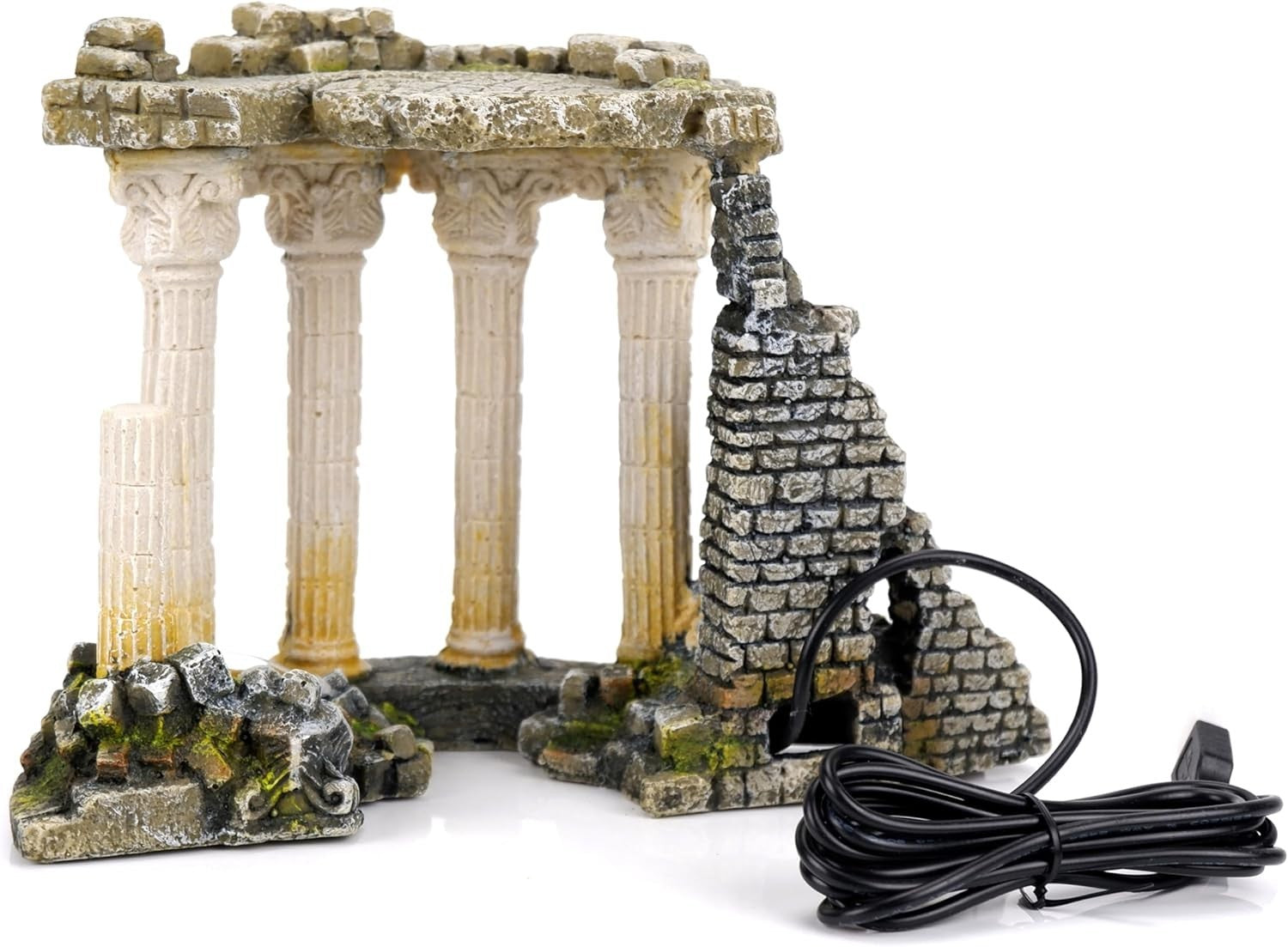 Roman Ruins Aquarium Ornament with LED Lights • USB Powered Fish Tank Decor