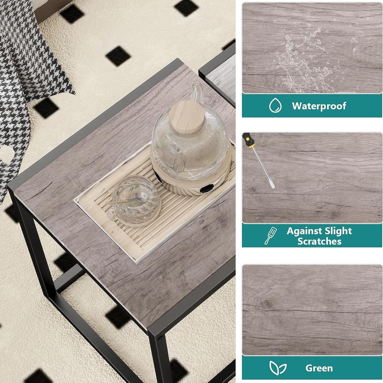 Square Nesting Coffee Side End Table Grey Metal Frame Space Saving Furniture
