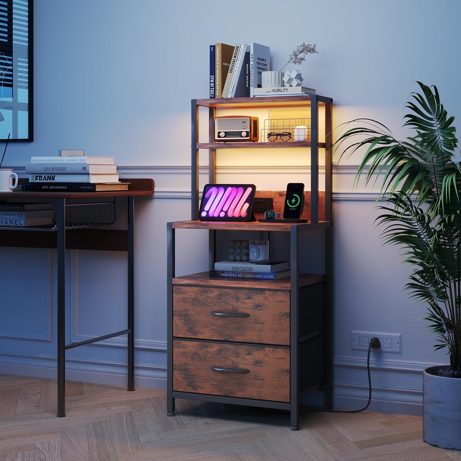 Rustic Brown Bedside Table with Charging Station & LED Light, 2 Drawers Modern