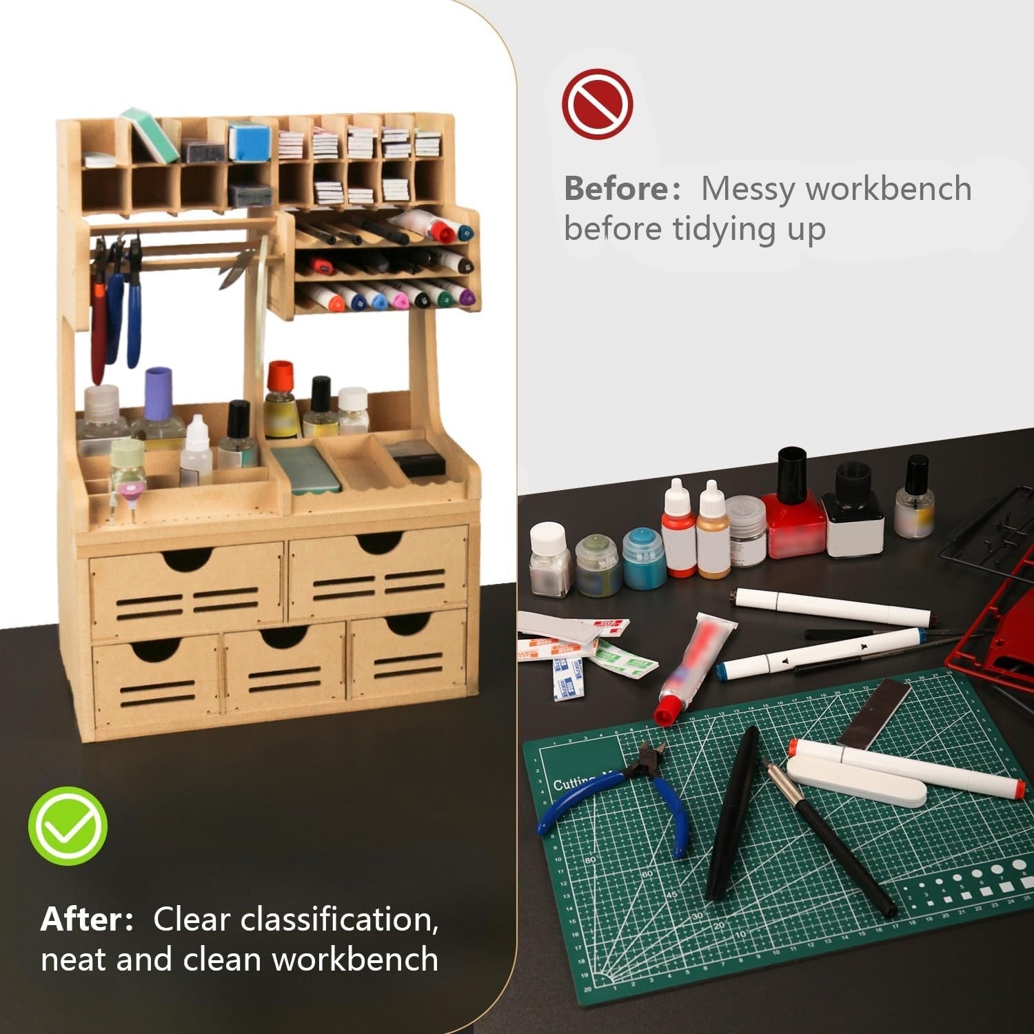 Adjustable Tabletop Paint Tool Rack 5-Compartment MDF 35.5D x 35.5W x 35.5H cm