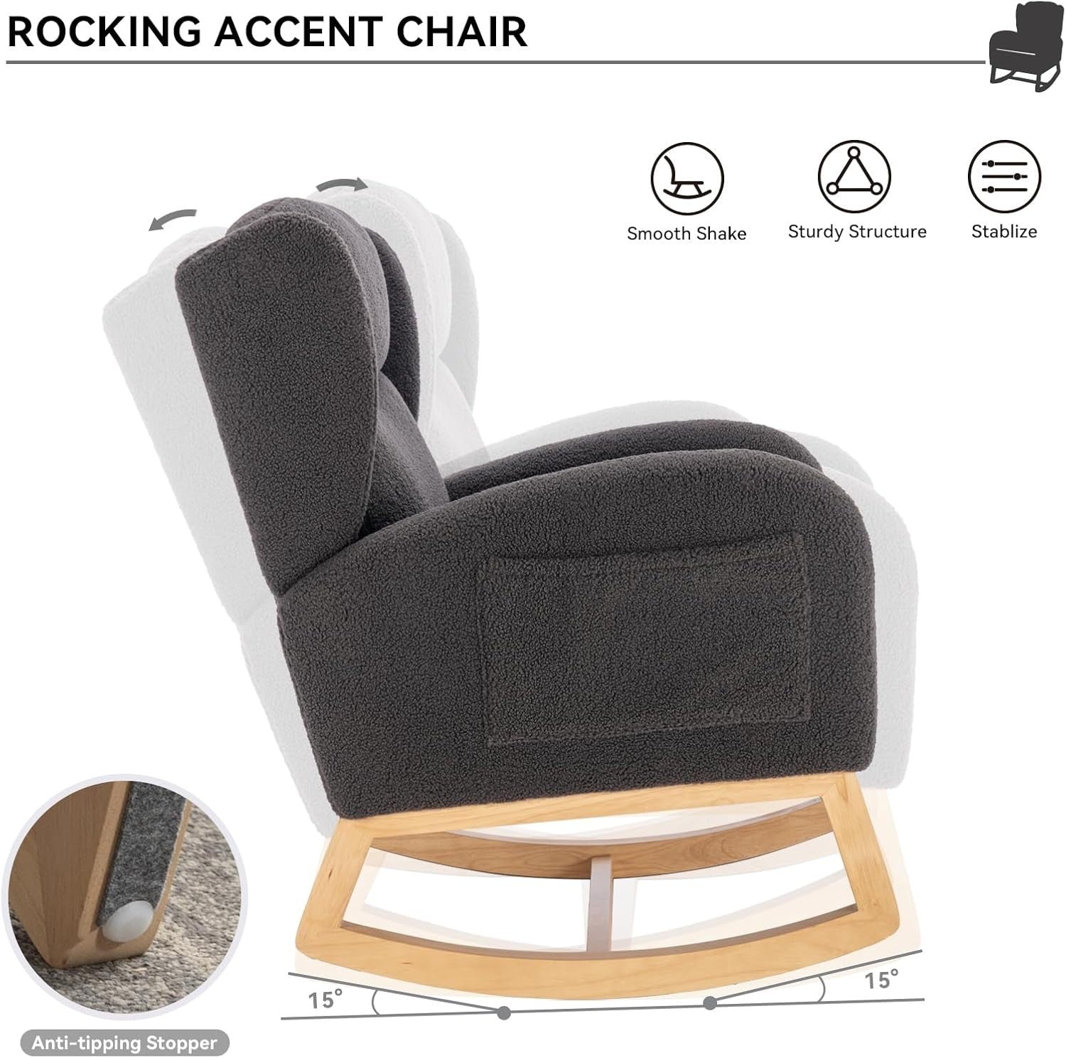 Teddy Rocking Chair Nursing Recliner Armchair Wing Back Faux Fur Grey