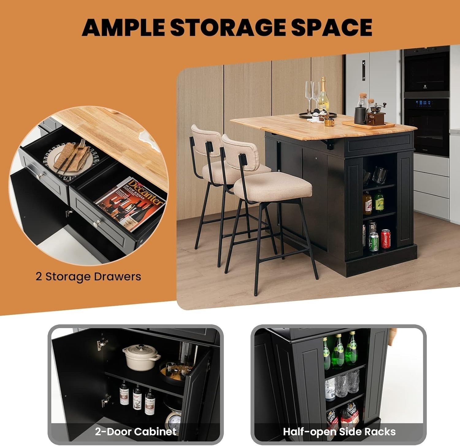 Extendable Kitchen Island Cart with Adjustable Shelves, Drawers & Lockable Stora