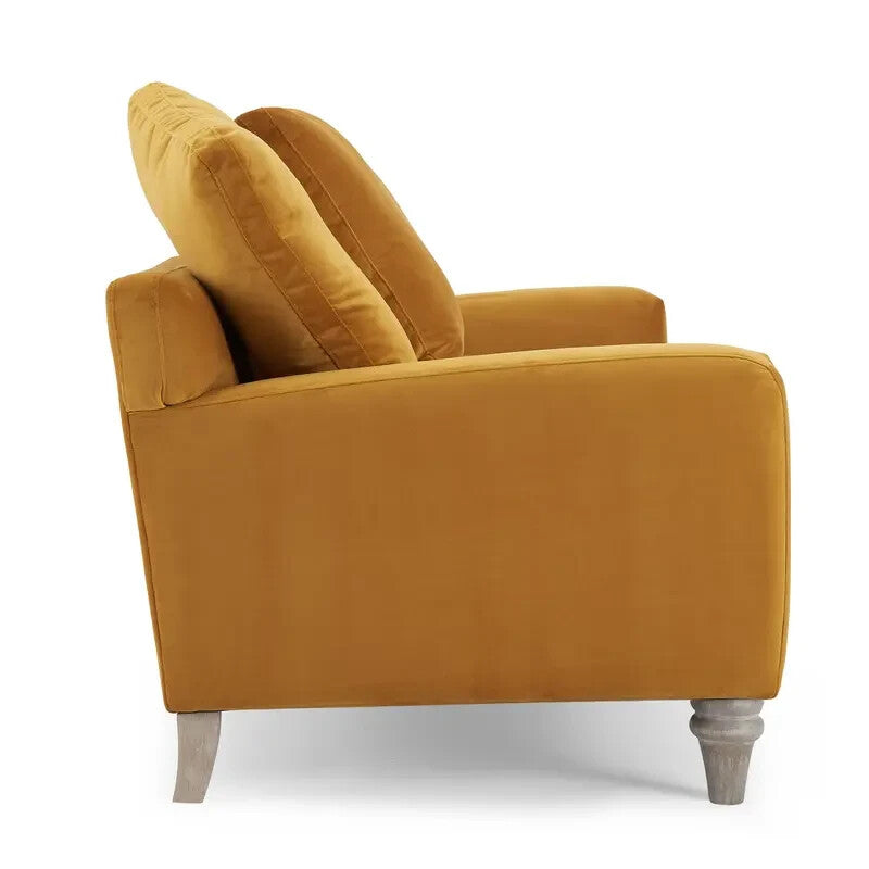 Luxury Mustard Velvet 2 Seater Sofa with Scatter Cushions & Wood Legs