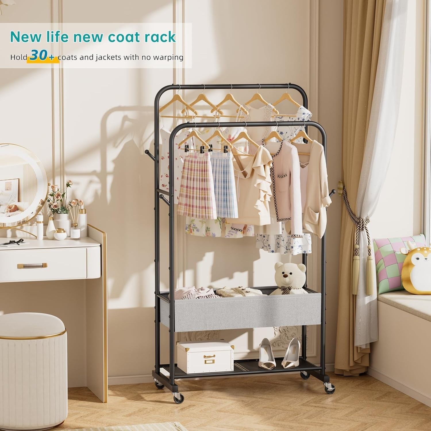 Heavy Duty Clothes Rail with Wheels & Shelf – Black 91×43×183cm