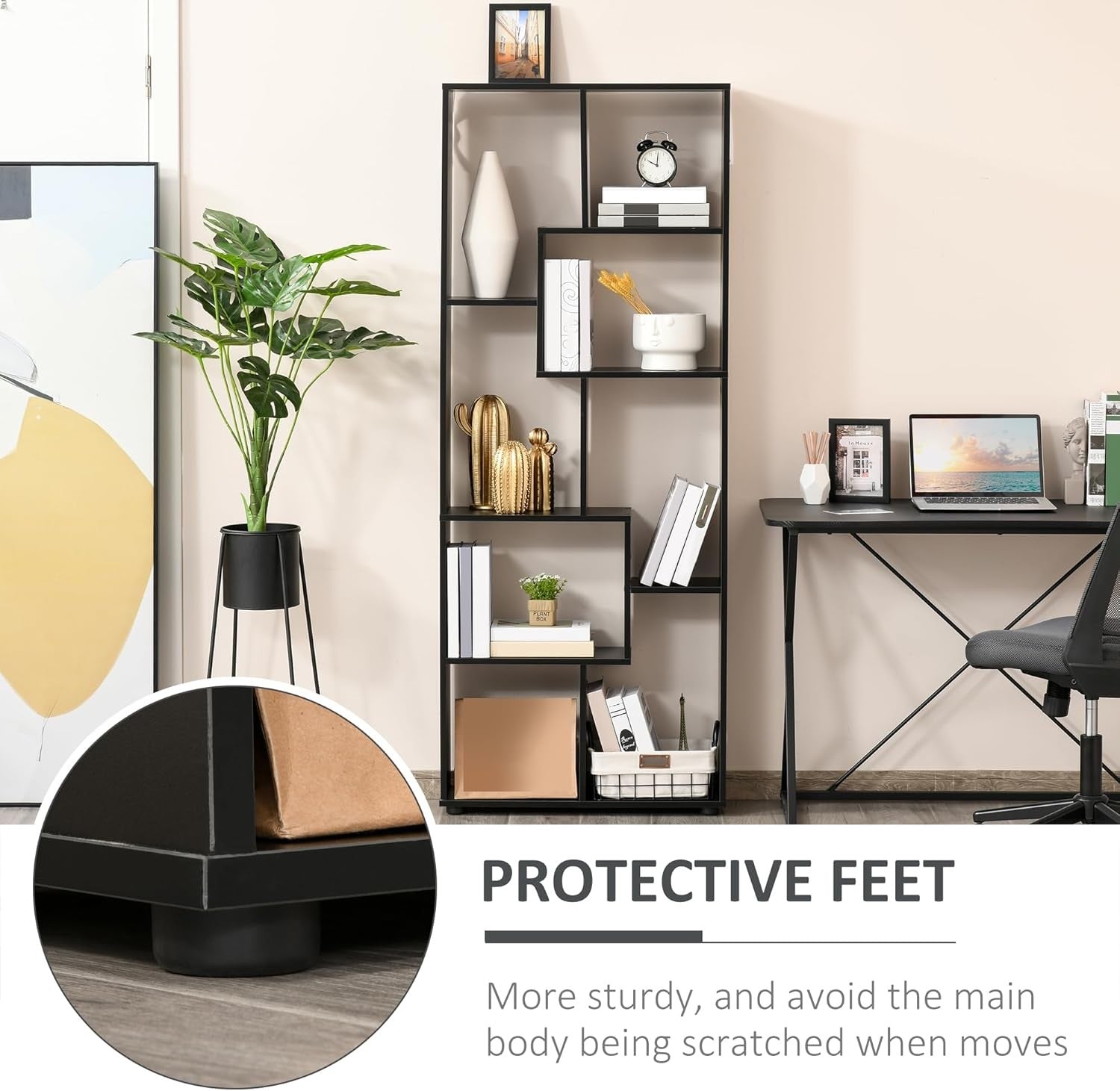 Modern 8-Cube Tall Bookcase Room Divider – Freestanding Storage Shelf Black