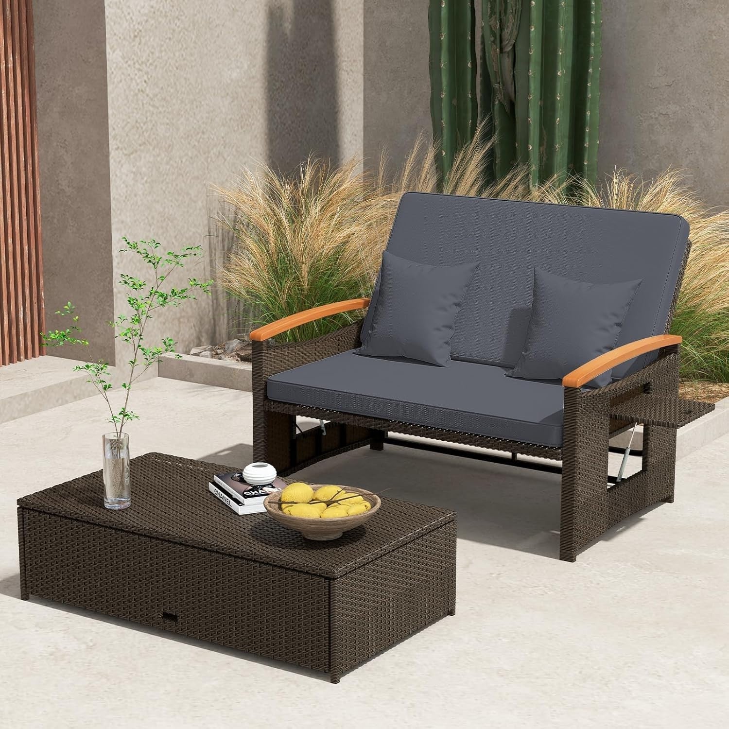 Outdoor Rattan Daybed Double Chaise Lounge with Storage Ottoman & Cushions
