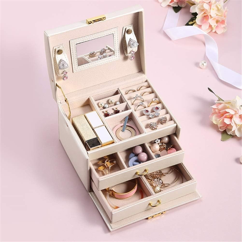PU Leather Jewelry Box Organizer with Mirror Lock 3 Layer 2 Drawer Case