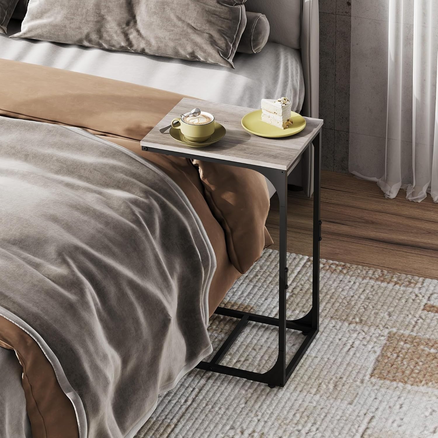 C Shape Side Table Oak Sofa Bed Small Desk End Table for Living Room & Bedroom