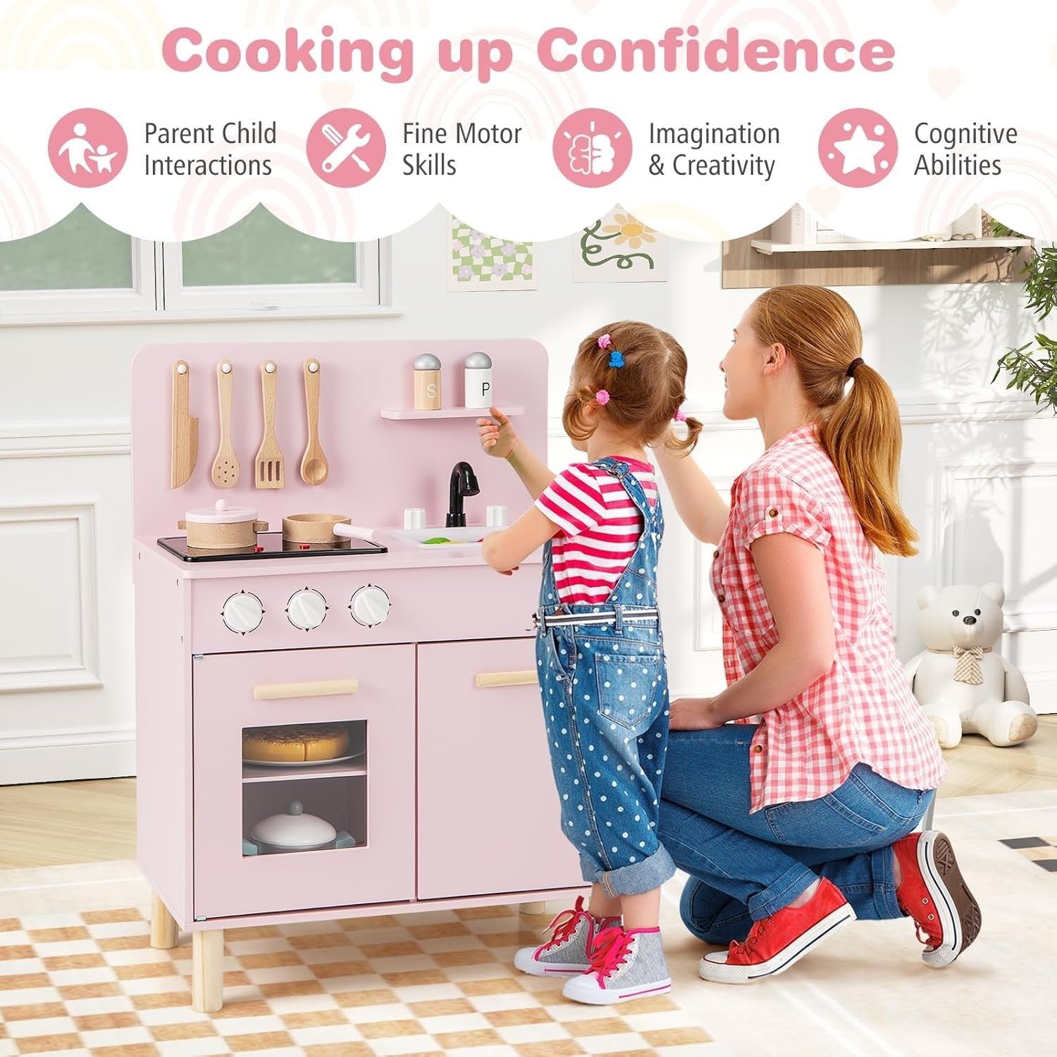 Wooden Kids Play Kitchen Pink Lights Sounds Oven Chef Toy Set