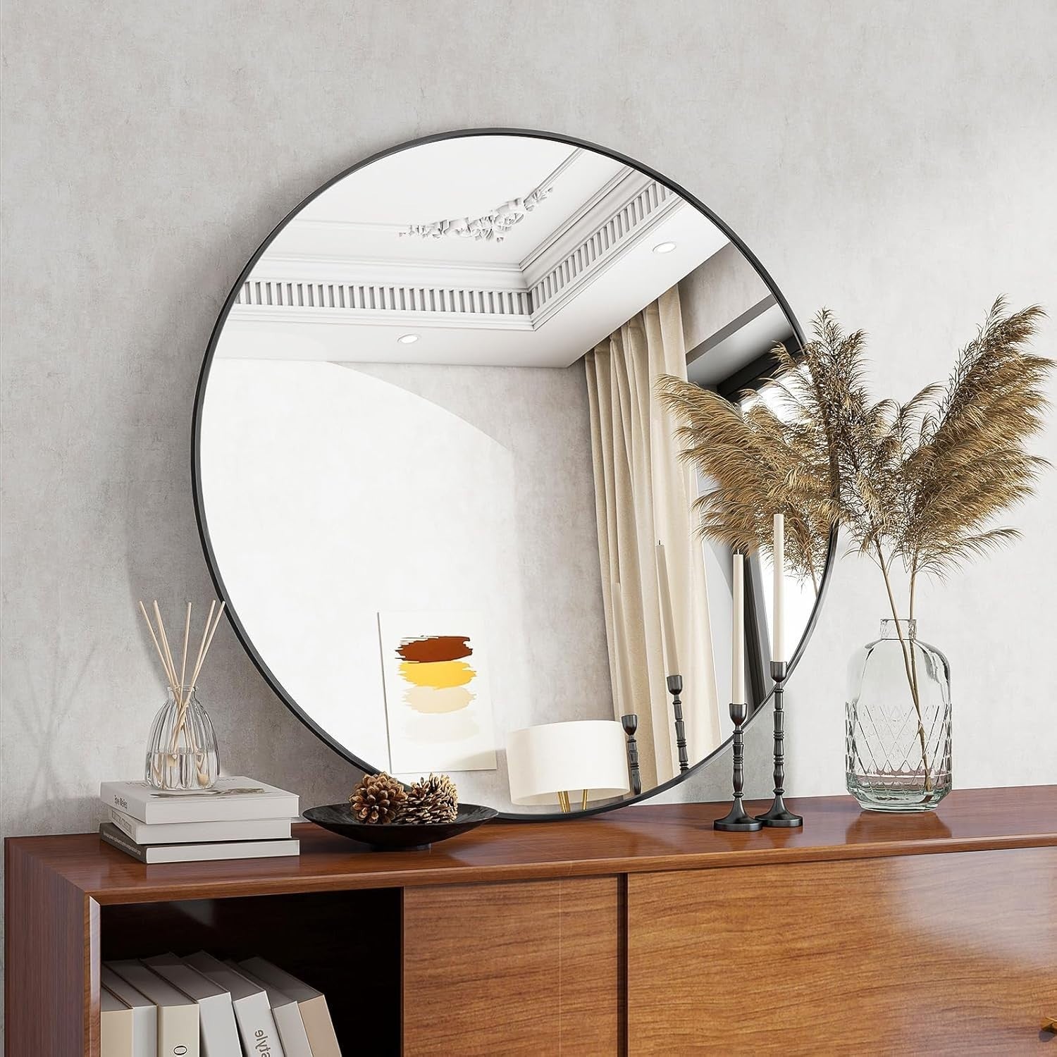 Black Round Wall Mirror 76cm with Aluminum Frame & Easy Wall Mount