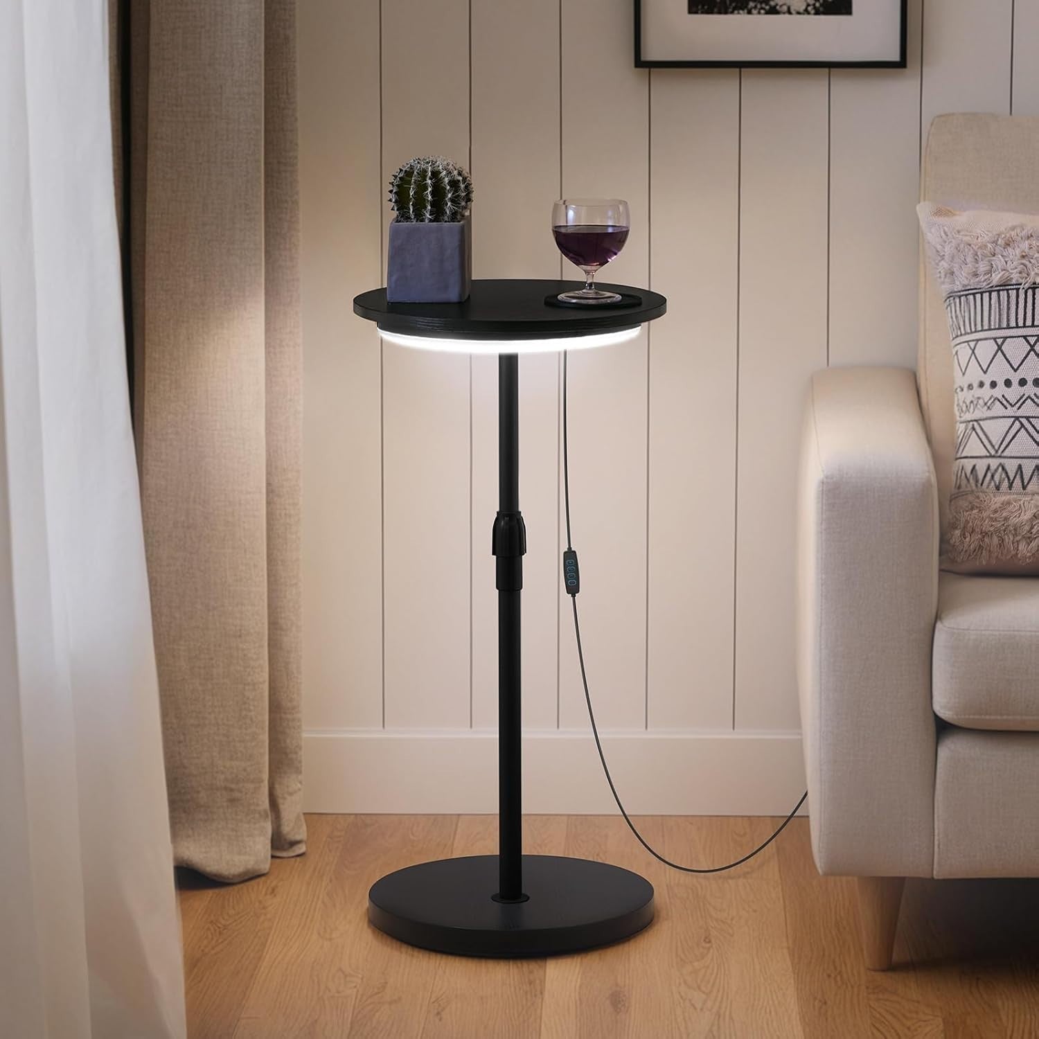 Adjustable Height Round Side Table with LED Light & Cup Holder, Compact 32cm