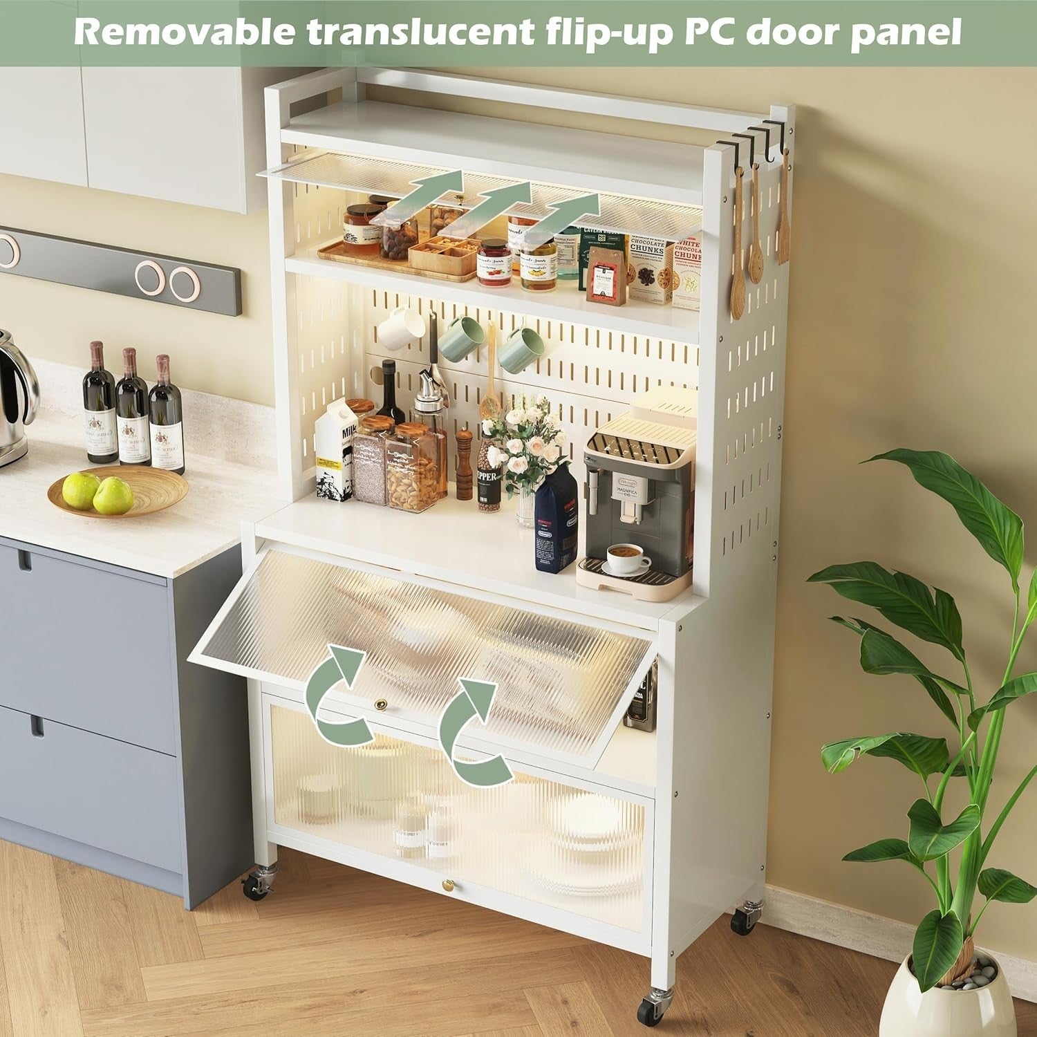 80x36x162cm White 5-Tier Kitchen Baker's Rack with Flip Doors & Wheels