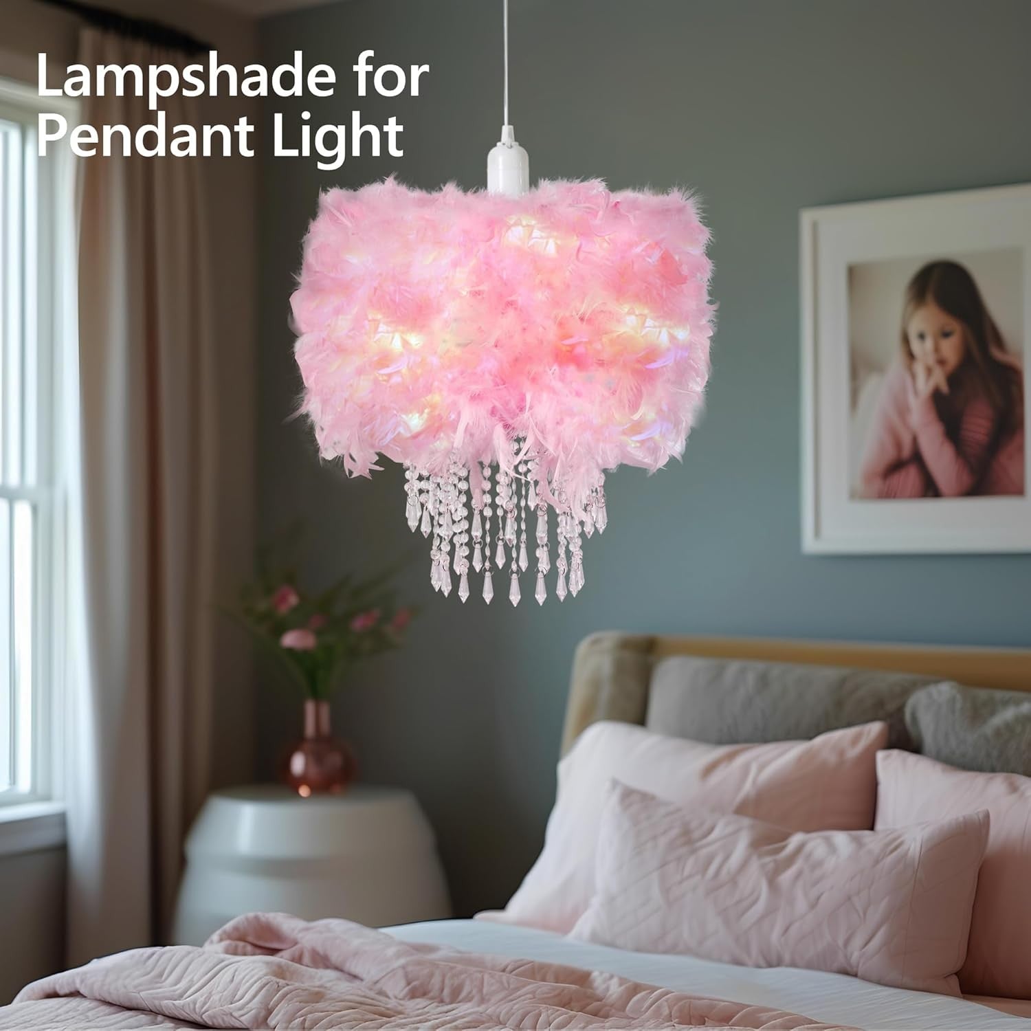 Pink Feather Lampshade Fluffy Drum Ceiling Pendant Shade Crystal Drops