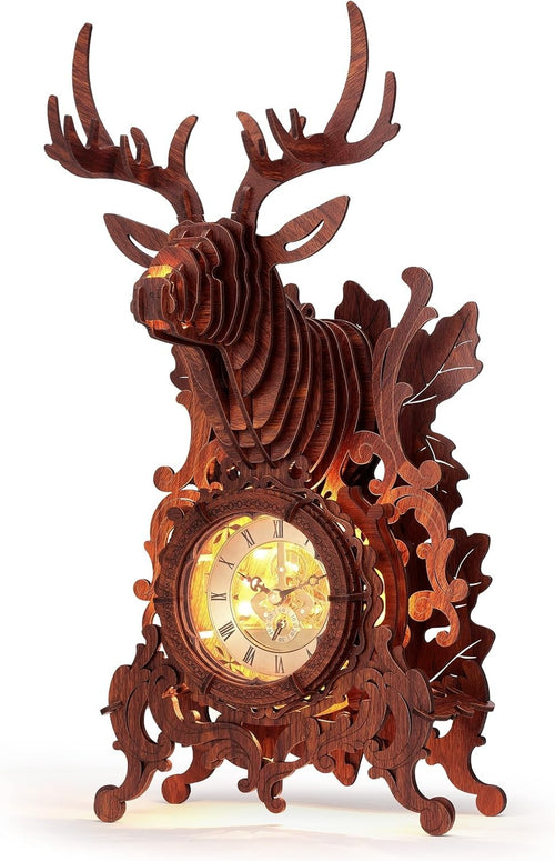 3D Wooden Elk Clock Puzzle with LED Light, DIY Home Decor Gift