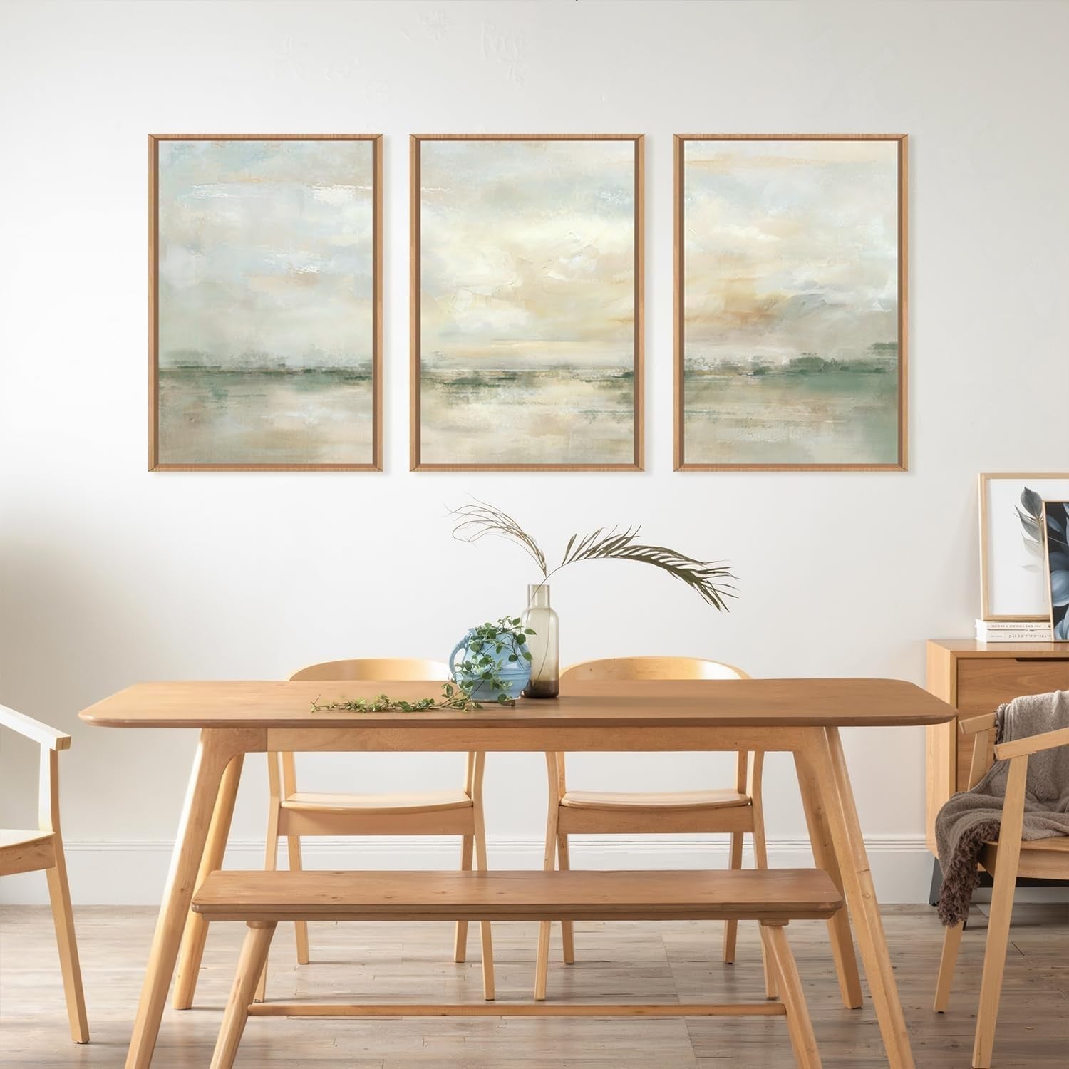 Abstract Green Grey Framed Canvas Wall Art Set 3 Neutral Modern Prints
