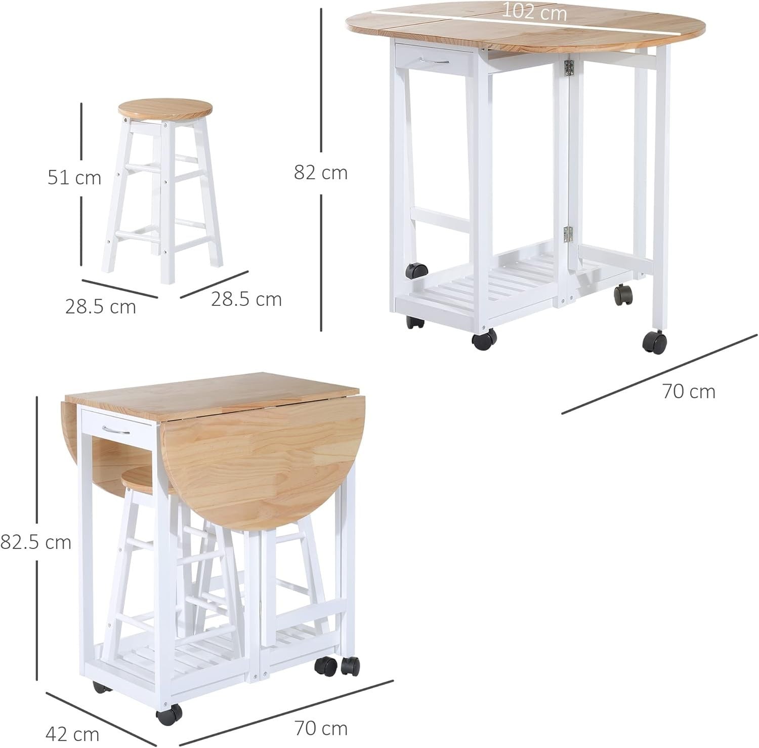 3-Piece Foldable Drop Leaf Dining Set with Stools White Modern Compact