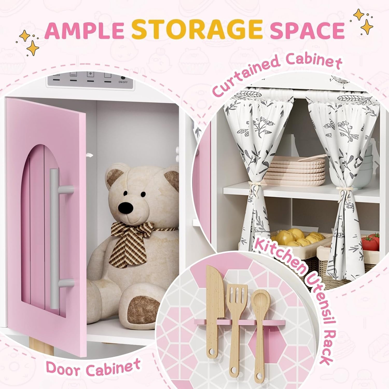 Kids Wooden Play Kitchen w/ Real Sound Stove Pink Toy Set