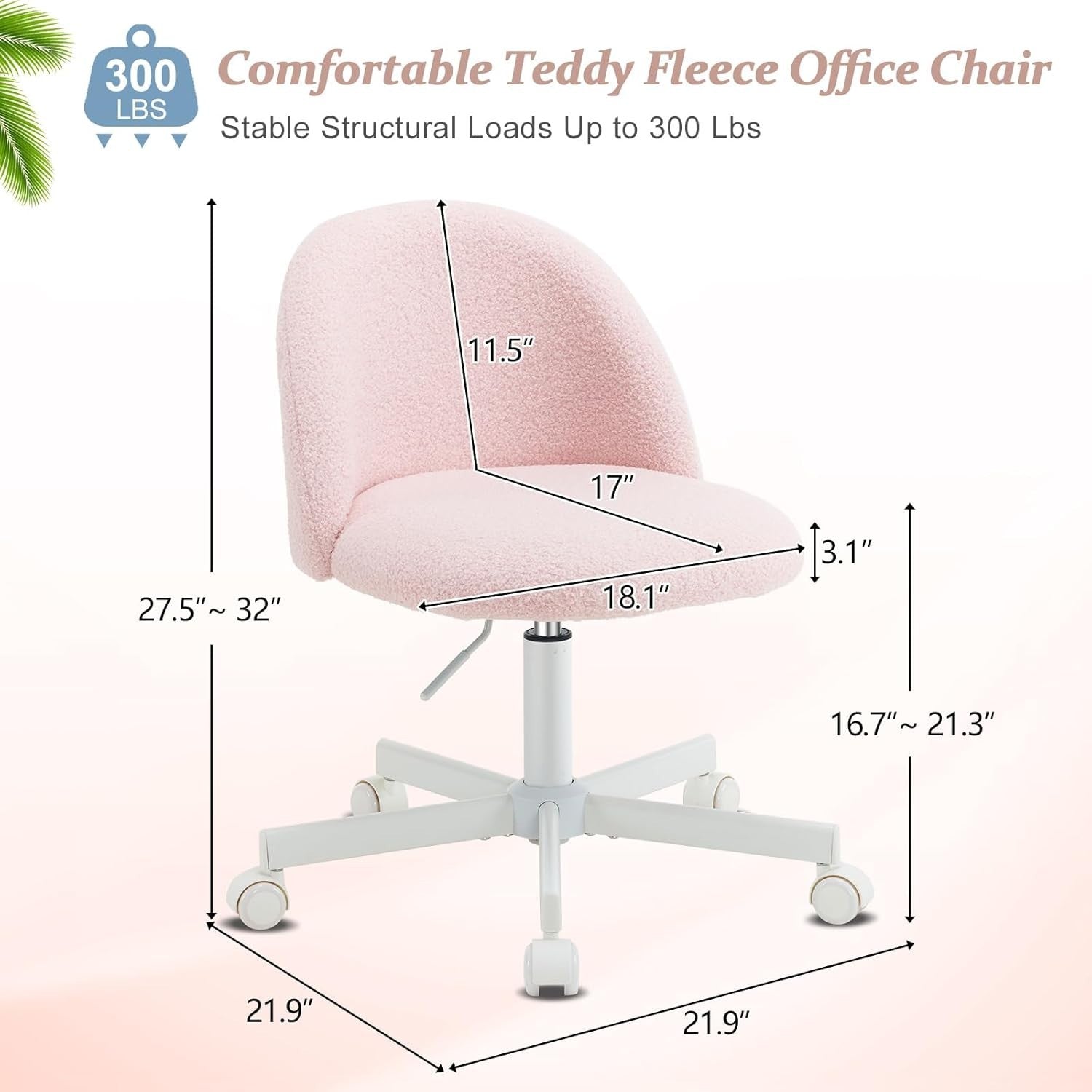 Gentle Pink Teddy Fleece Desk Chair – Adjustable Height Swivel Office Seat