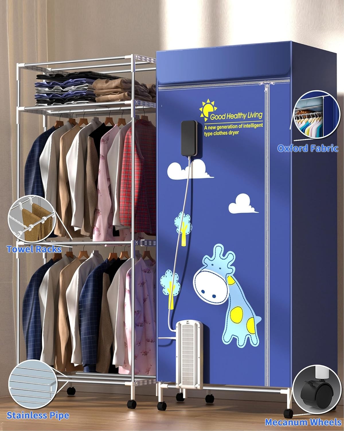 Electric Heated Clothes Airer 1600W 3-Tier Dryer With Cover Indoor Wardrobe
