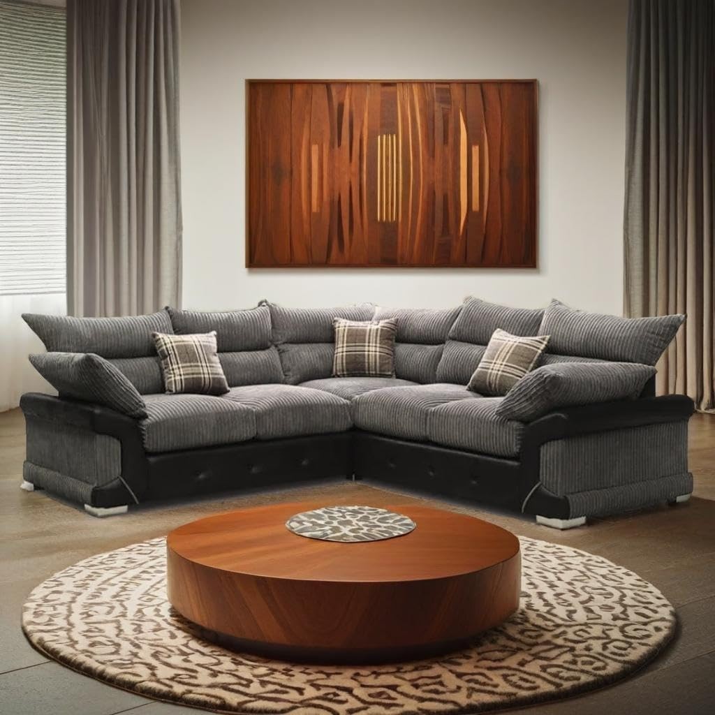 Grey L-Shape 5 Seater Leather & Fabric Sofa – Comfy Jumbo Cord Corner Couch