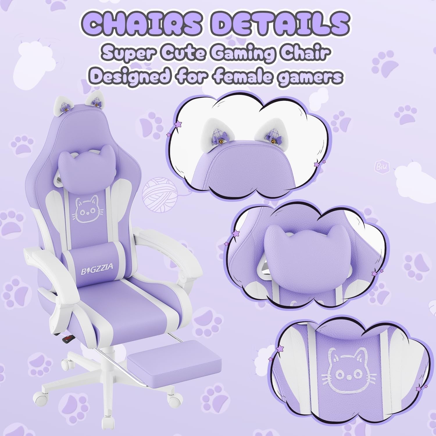 Purple Cat Ear Gaming Chair Massage Lumbar Recliner