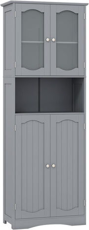 Tall Grey Storage Cabinet with Glass Doors & Adjustable Shelves 164cm