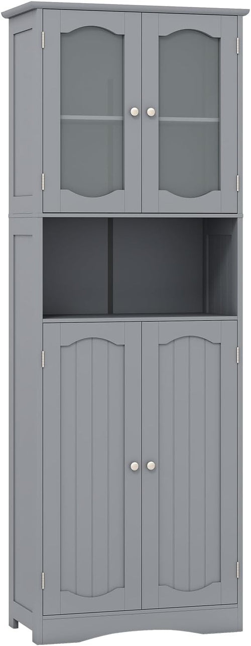 Tall Grey Storage Cabinet with Glass Doors & Adjustable Shelves 164cm