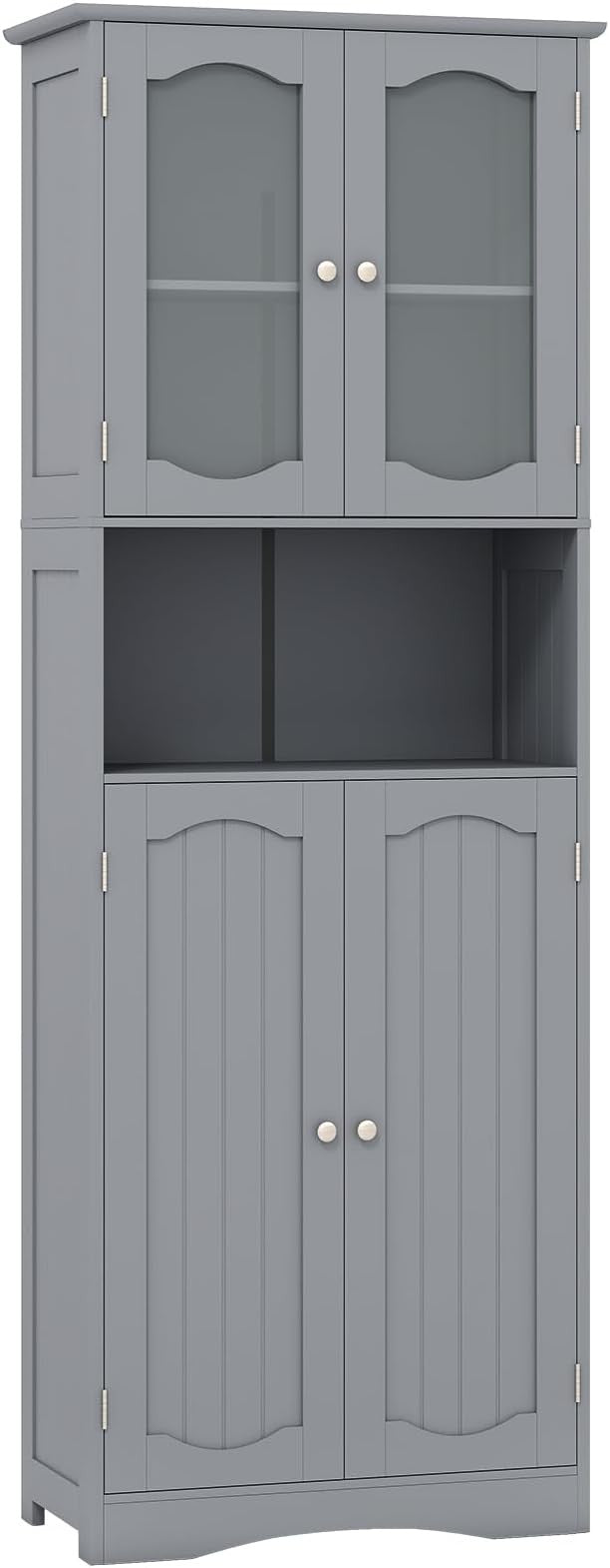 Tall Grey Storage Cabinet with Glass Doors & Adjustable Shelves 164cm