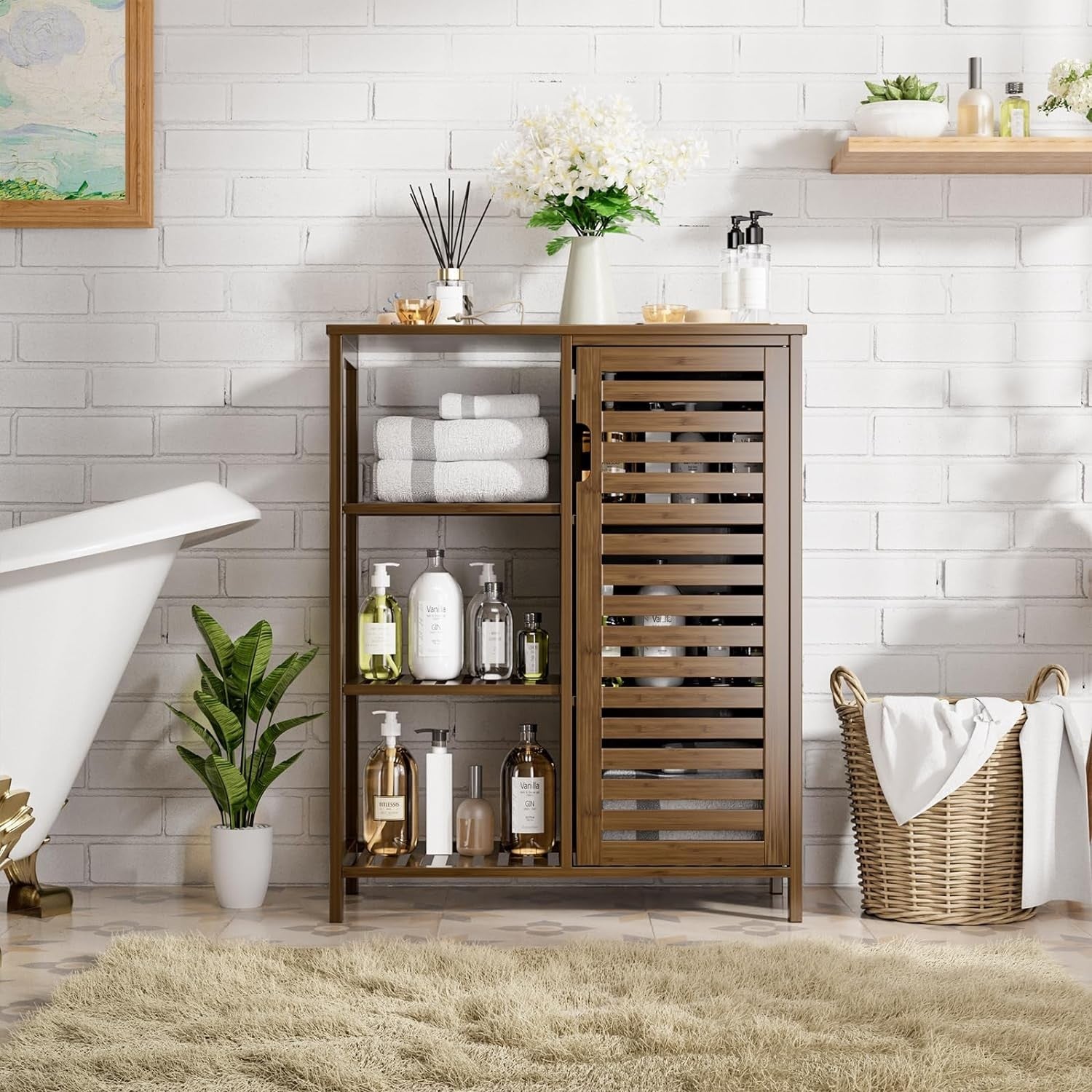 Walnut Bamboo Storage Cabinet with Door & Shelves Modern 63x33x87cm
