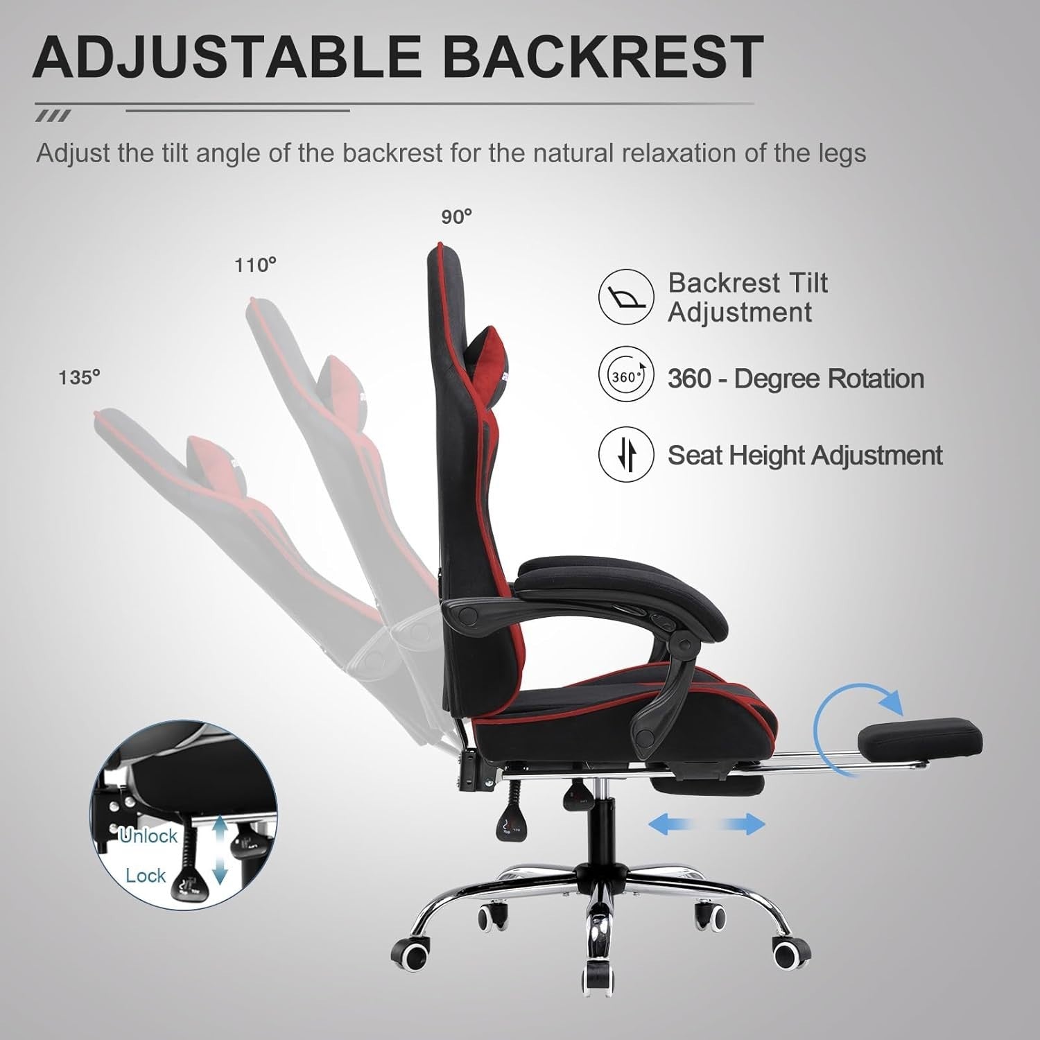Gaming Chair Ergonomic Fabric Massage Lumbar Support Reclining Footrest Office D