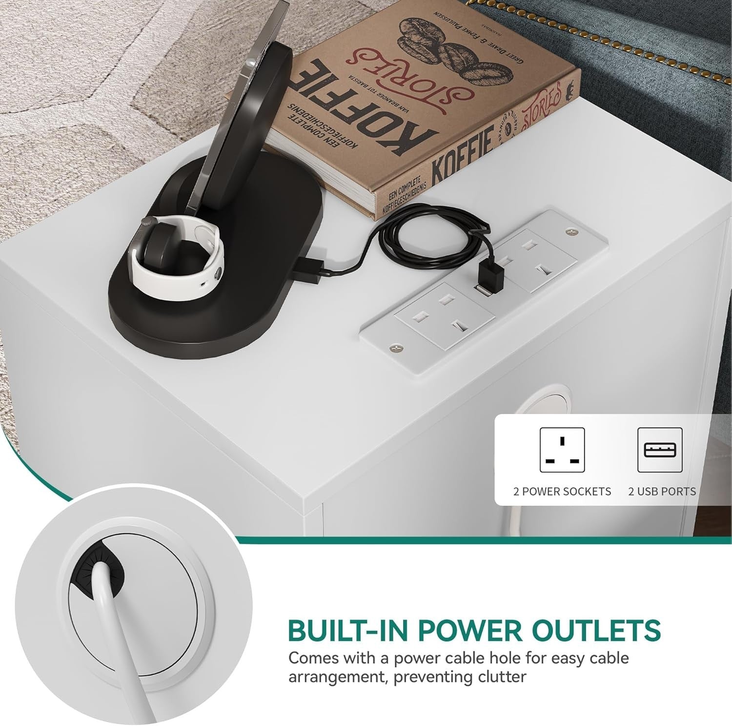 White & Gold 2 Drawer Bedside Table – Modern Nightstand with USB Ports