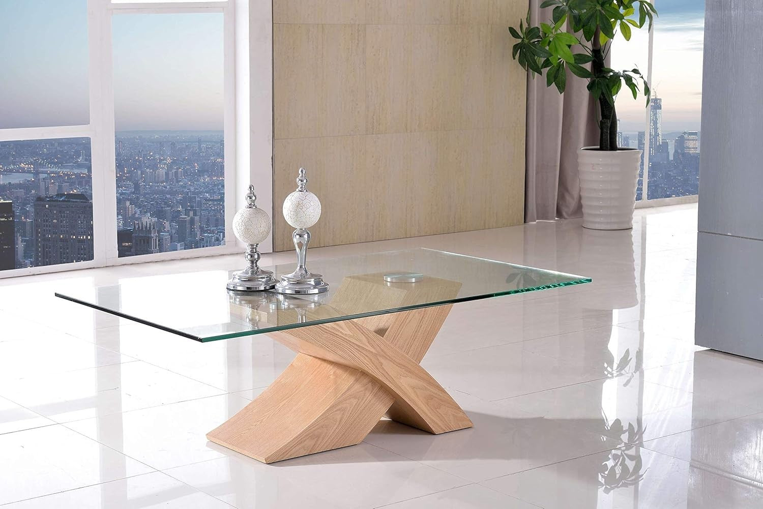 Modern Glass & Oak Coffee Table 135x80cm X-Shape Base Stylish Living Room