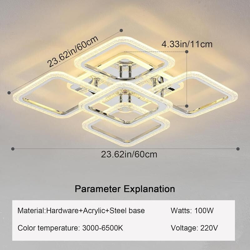 Modern LED Ceiling Light 100W Dimmable Remote Chrome Square 5 Lights