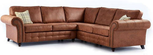 Tan Brown L-Shaped 5 Seater Sofa - Leather Chesterfield Corner Couch