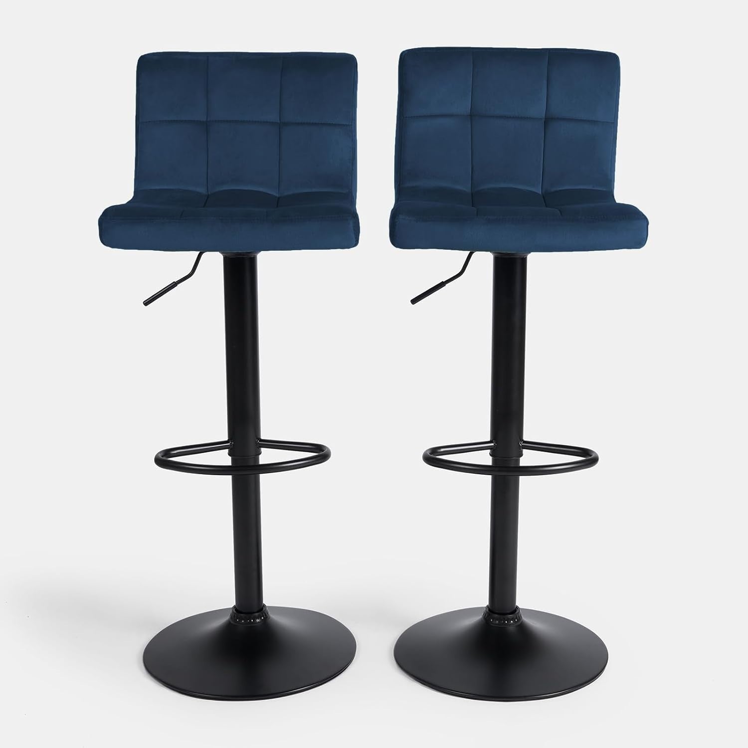 Set of 2 Adjustable Navy Blue Velvet Bar Stools with Swivel & Footrest