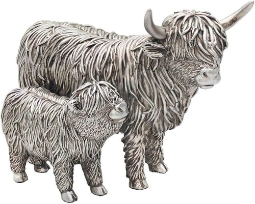 Silver Highland Cow & Calf Ornament Figurine Farmhouse Rustic Home Decor Gift