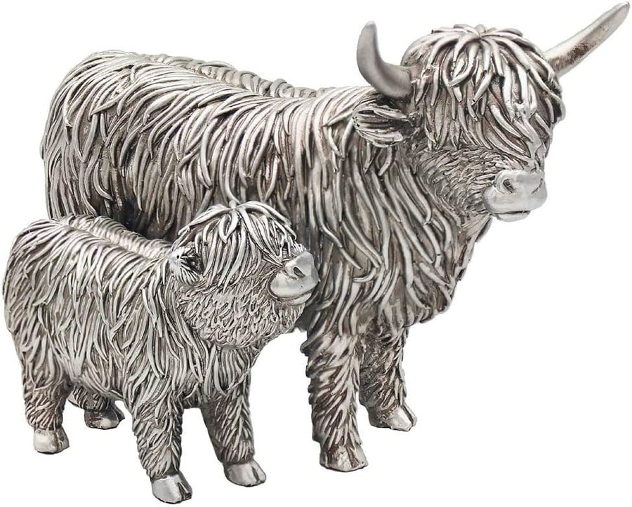 Silver Highland Cow & Calf Ornament Figurine Farmhouse Rustic Home Decor Gift
