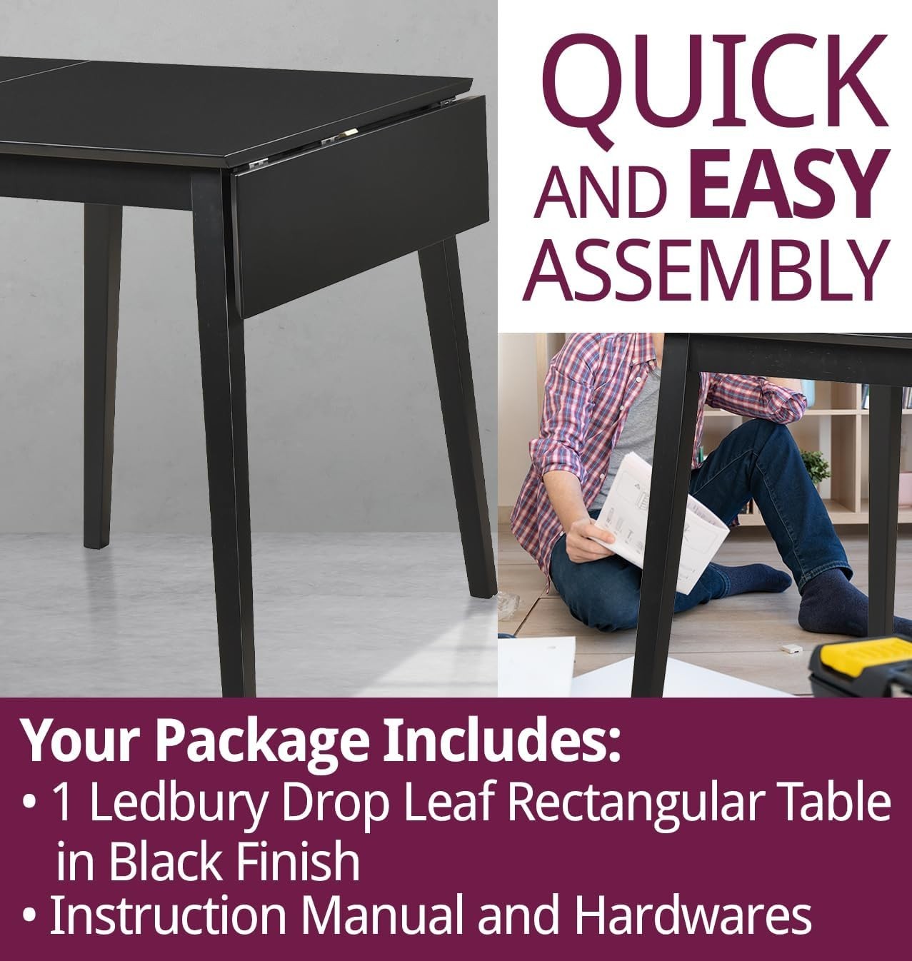 Small Black Drop Leaf Folding Dining Table Space-Saving Rectangular