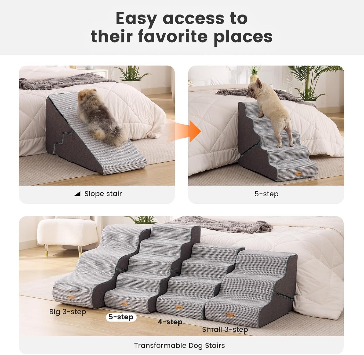 Adjustable 5 Step Dog Stairs Pet Ramp Non Slip Washable Grey