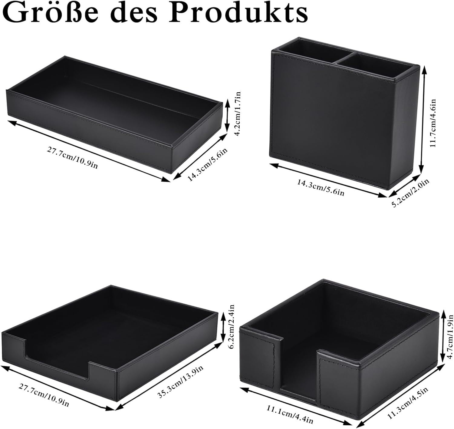 4-Piece Black PU Leather Desk Organiser Set, Pen Holder, Letter Tray