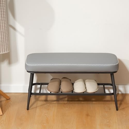 Grey PU Leather Shoe Storage Bench with Cushion Seat & Metal Frame Entryway