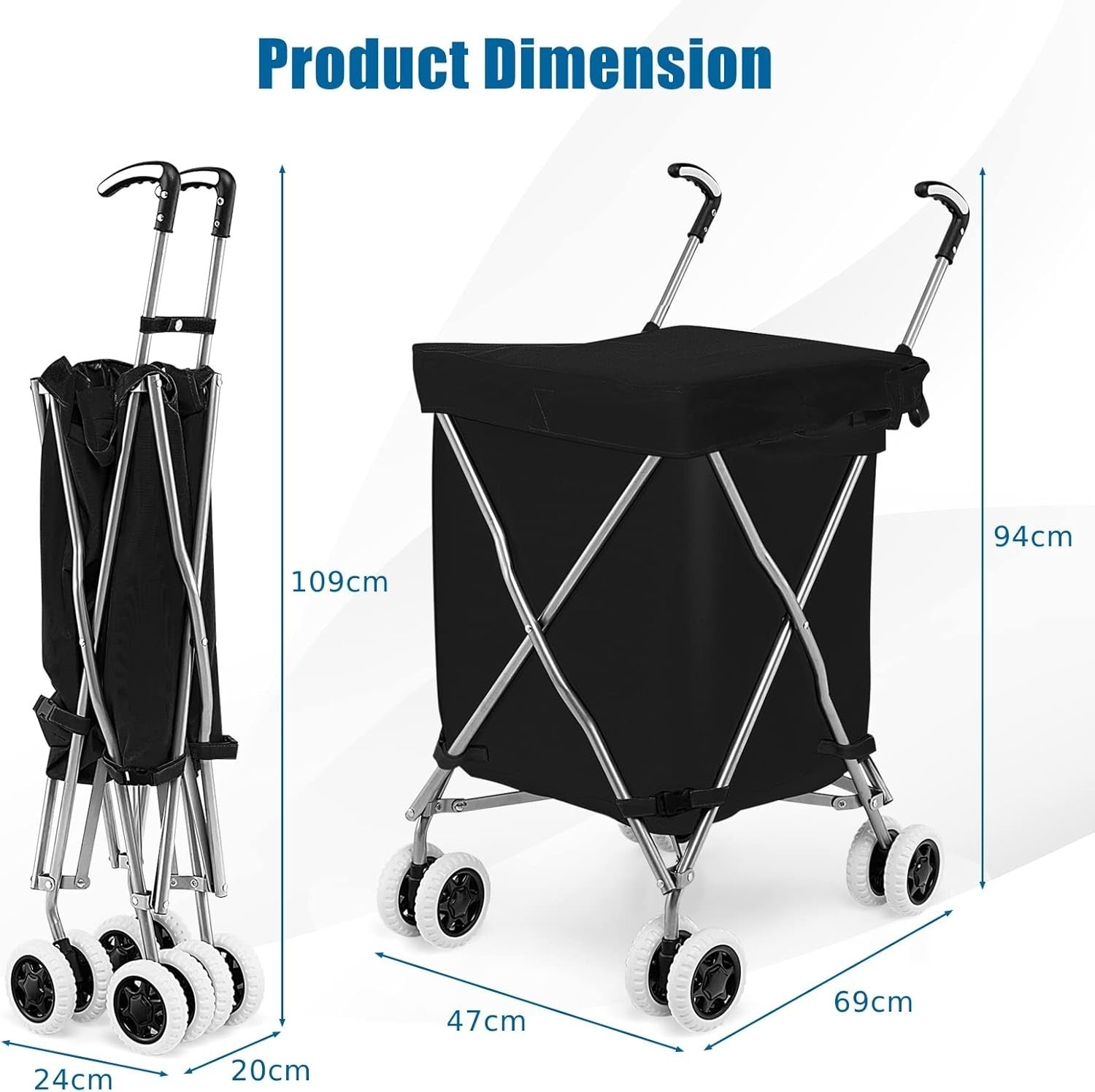 90L Folding Shopping Cart 8 Wheels Waterproof Grocery Trolley Black